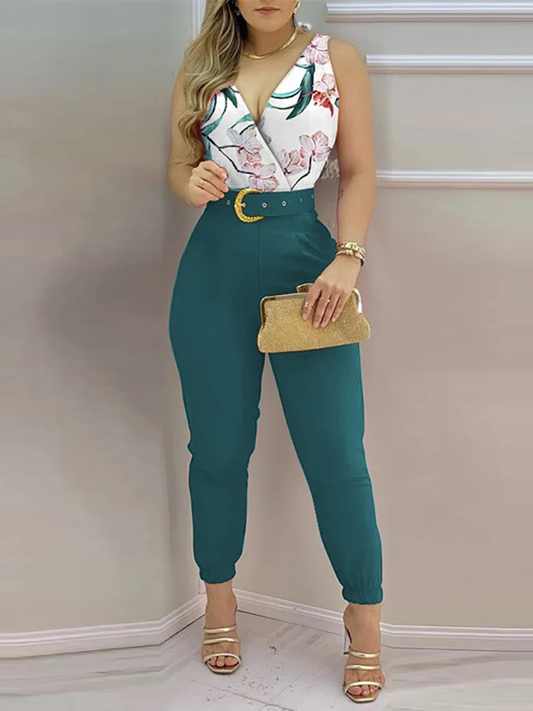 Print Wide Leg Pants Casual Fashion Office 2022 Women Summer Business One Piece Strap Jumpsuits Floral Sexy Sleeveless Playsuits