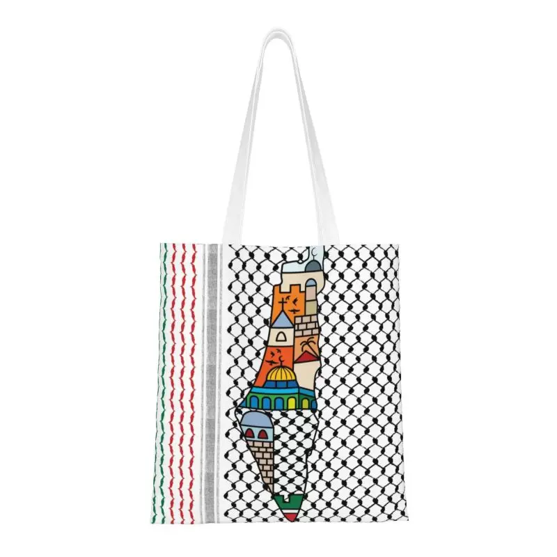 

Palestine Palestinian Map With Kufiya Hatta Pattern Shopping Tote Bag Durable Canvas Shopper Shoulder Sacred Jerusalem Handbag
