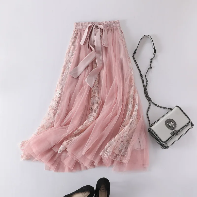

TFETTERS Pink Skirt Women 2022 New England Style Fashion Lace Splicing Pleated Skirt Elastic Waist Big Swing Fairy Gauze Skirt