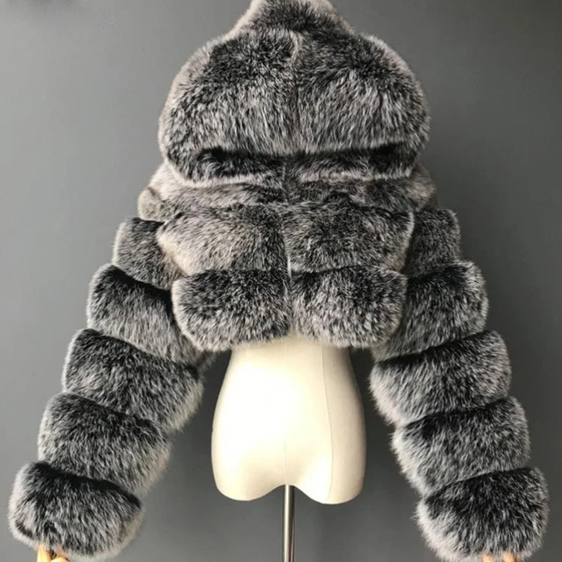 Fashion Hooded Faux Fur Coat Women 2021 Winter Thick Warm Furry Overcoat Elegant Plush Crop Jacket Femme Short Thicken Jackets