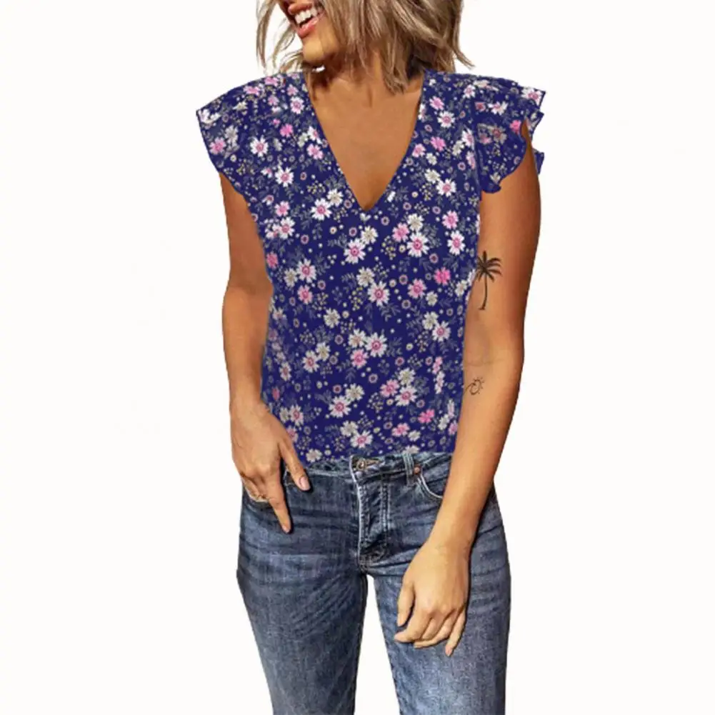 

Women Top Anti-Pilling Casual Top Ruffle Sleeve Flower Print Top