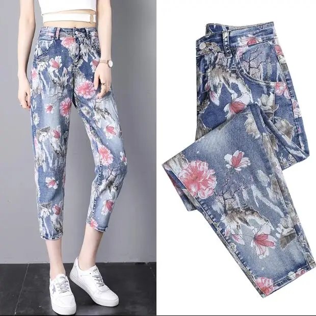

Модные китайские джинсы с принтом и высокой талией, женские шаровары, тонкие брюки-карго для мам, женские джинсовые брюки для женщин
