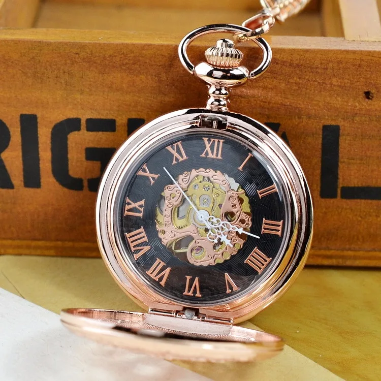 Luxury Mechanical Black Pocket Watch for Men Women Hollow Skeleton Dial Roman Dial Fob Chain Pendant Clock for Collection Gift
