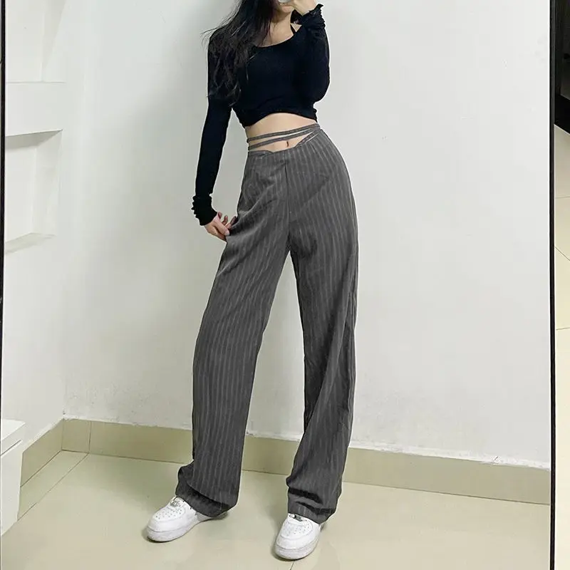 

Women Spring Long Striped Pants Vintage Female High Waist Casual Wide Leg Pants Hollow Out Trousers Streetwear Bandage Bottoms