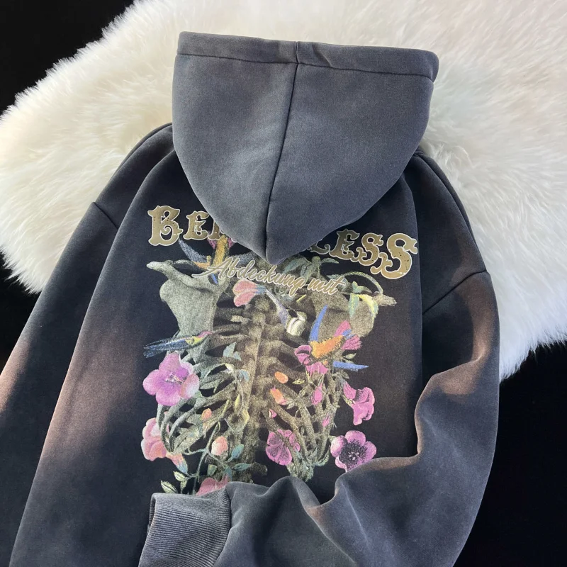 

2022 dark gray Skeleton Flower Goth High Street Hoodie Thicken Winter Oversized Sweatshirt Hip Hop Mens Pullover Harajuku Casual