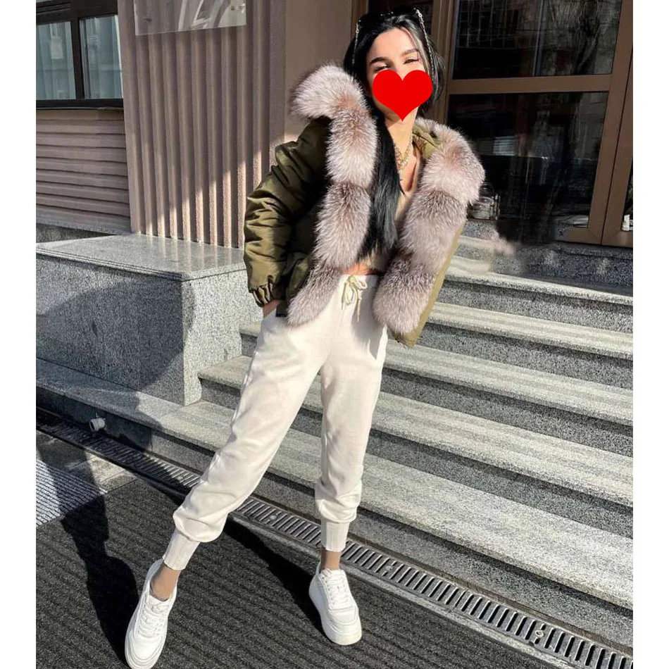Women's Winter Natural Raccoon Big Fur Collar Parka Real Fox Fur Stylish Thermal Coat Female Short Bomber Slim Leisure Jacket