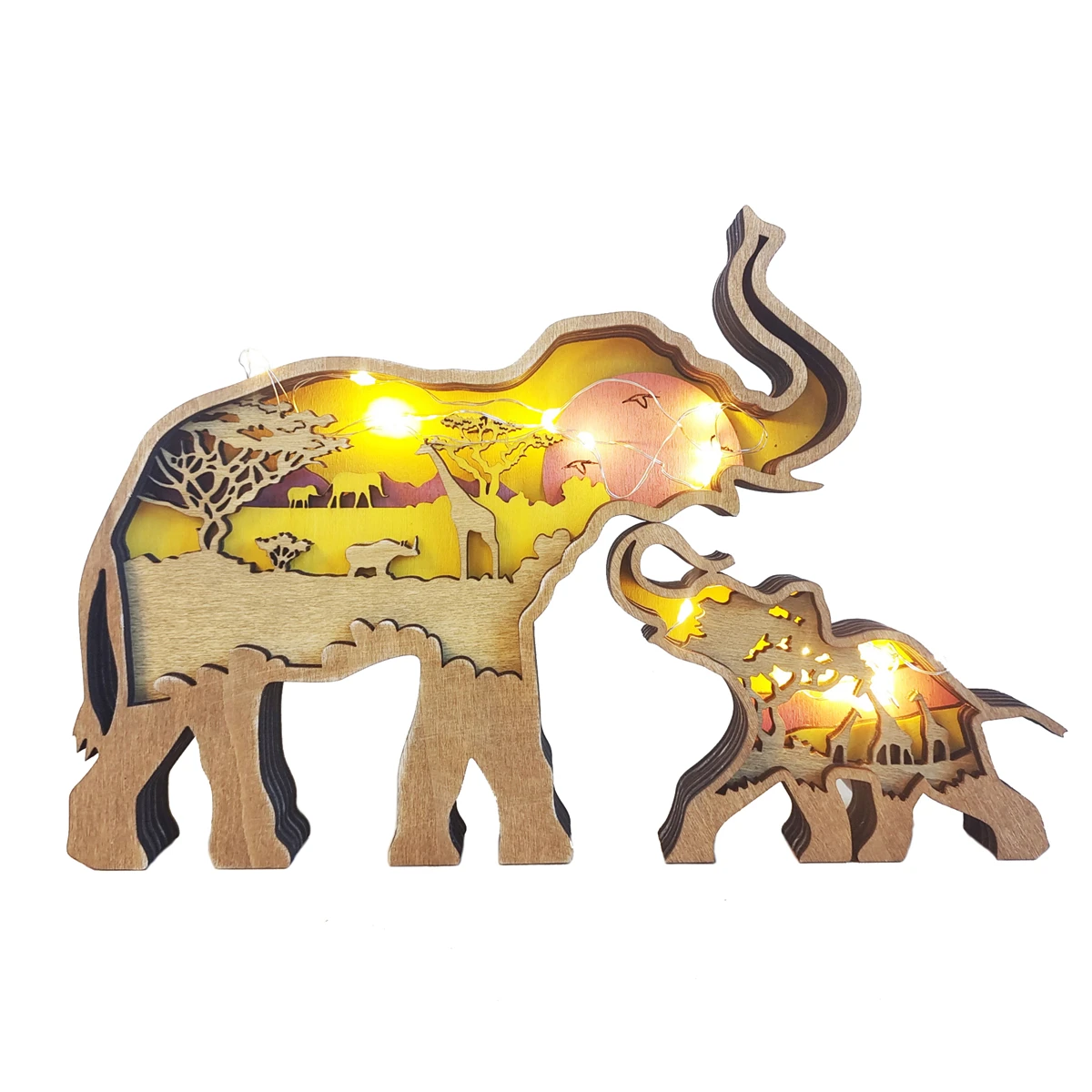 

Christmas Decoration Wooden Hollowed Small Elephant Mother and Son LED Light Cute Desktop Ornaments Home Decor Accessories