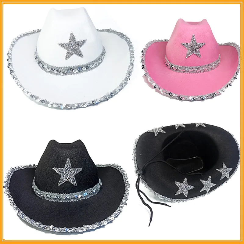 

Pentagram Western Cowboy Hat Halloween Carnival Sparkling White Sequin Binding Bridal Party Hat Western Cowboy Hat Costume Party