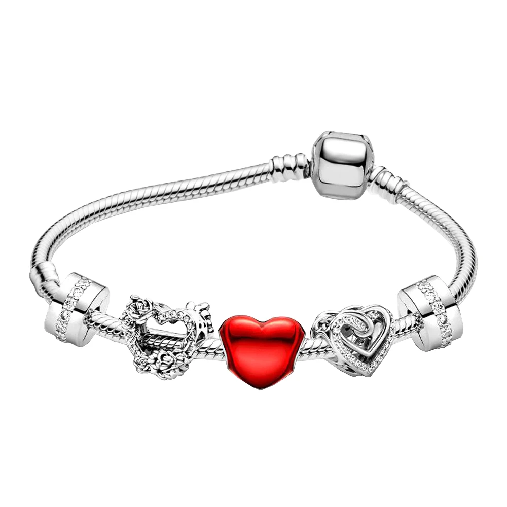 

New 100% S925 Heart Red Beaded Snake Bracelet Set Fit for Pandora Original Link Making Fashion Jewelry for Women Gifts