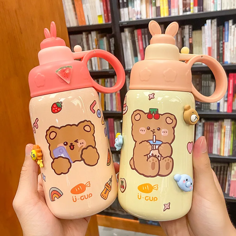 

Korean-style high-value thermos cup cartoon cute with straw portable handle kettle outdoor girl heart cup