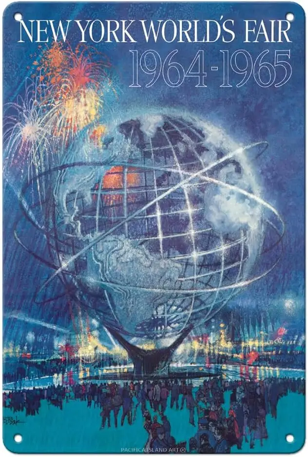 fc slnd rt 1964 New York World's Fr - Unsphere Globe Плакат Vntge Trvel от Bob Pek 8 x 12 nch Metl Tn Sgn