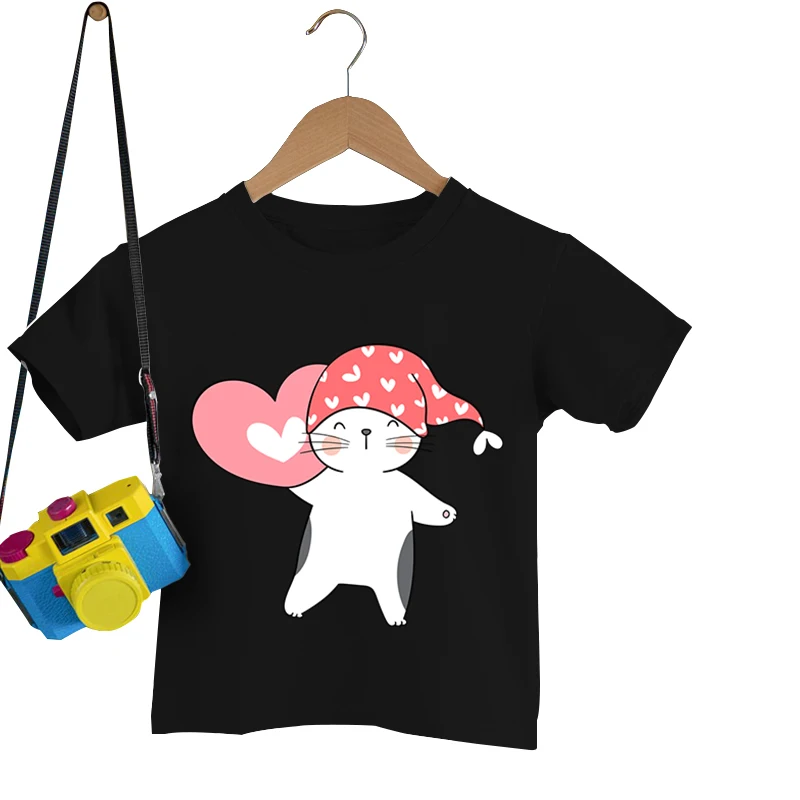 

Летняя разноцветная свободная удобная одежда для мальчиков и девочек с изображением кошки с воздушным шаром, Мультяшные Топы