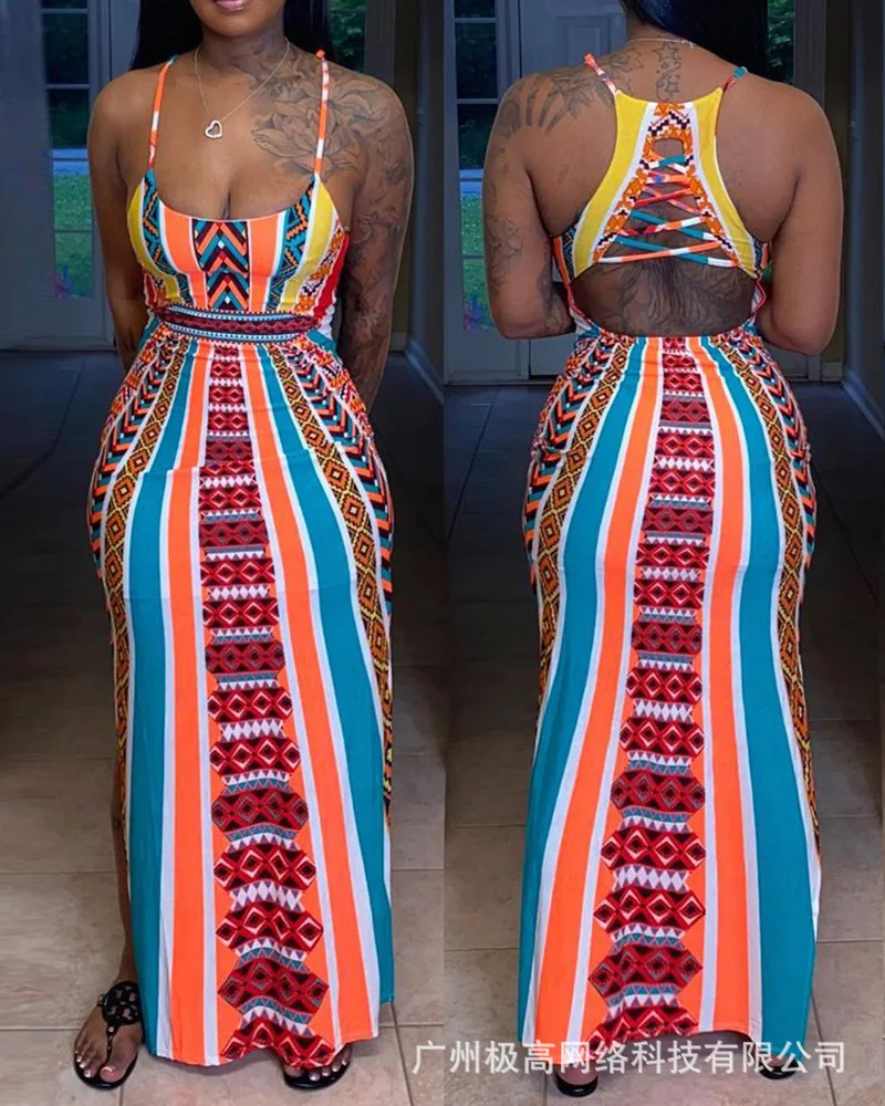 Women's 2023 new summer color pattern printing suspender strap long skirt suit