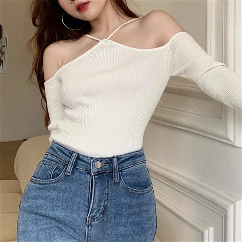 

2022 New Off-shoulder Top Women's Spring and Summer Slim Long-sleeved Suspender Halter Neck Knitted Sweater