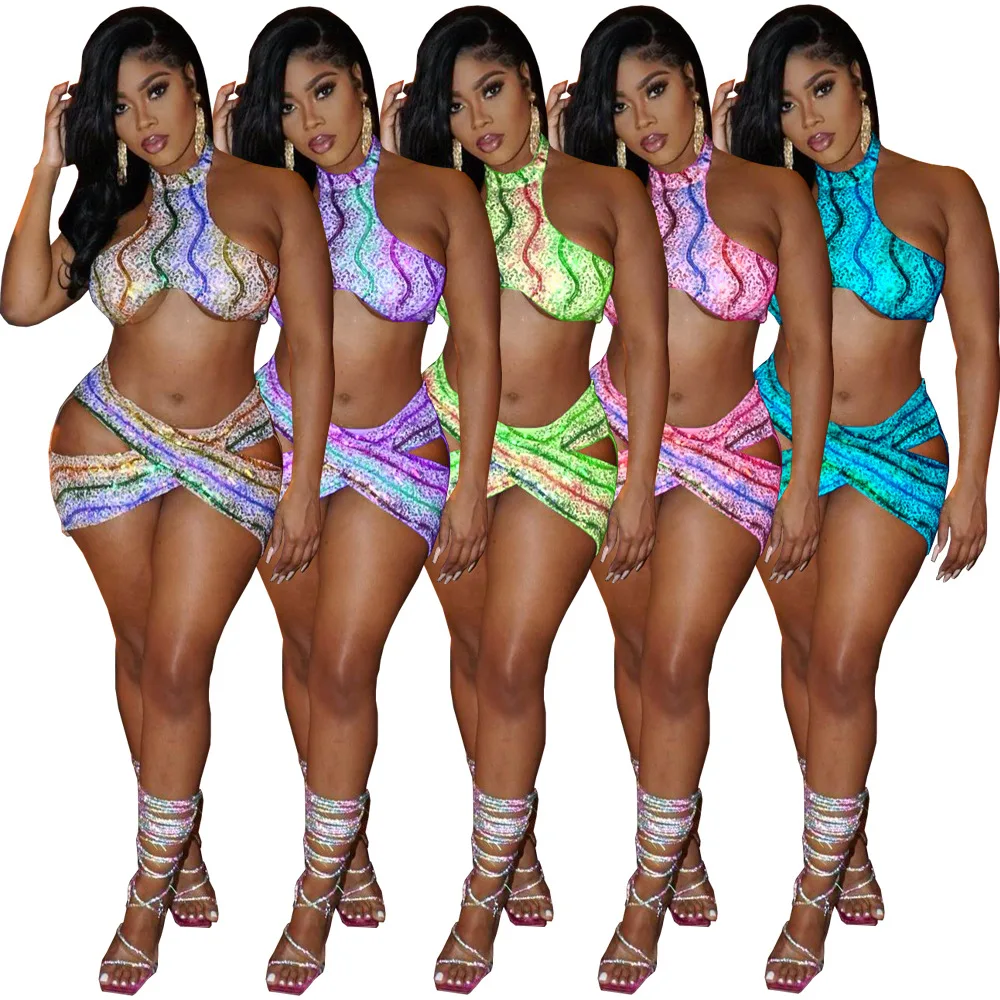 

Женский сексуальный комплект Adogirl из двух предметов, укороченный топ с лямкой на шее и бандажная мини-юбка, подходящие комплекты, лето 2022, ве...