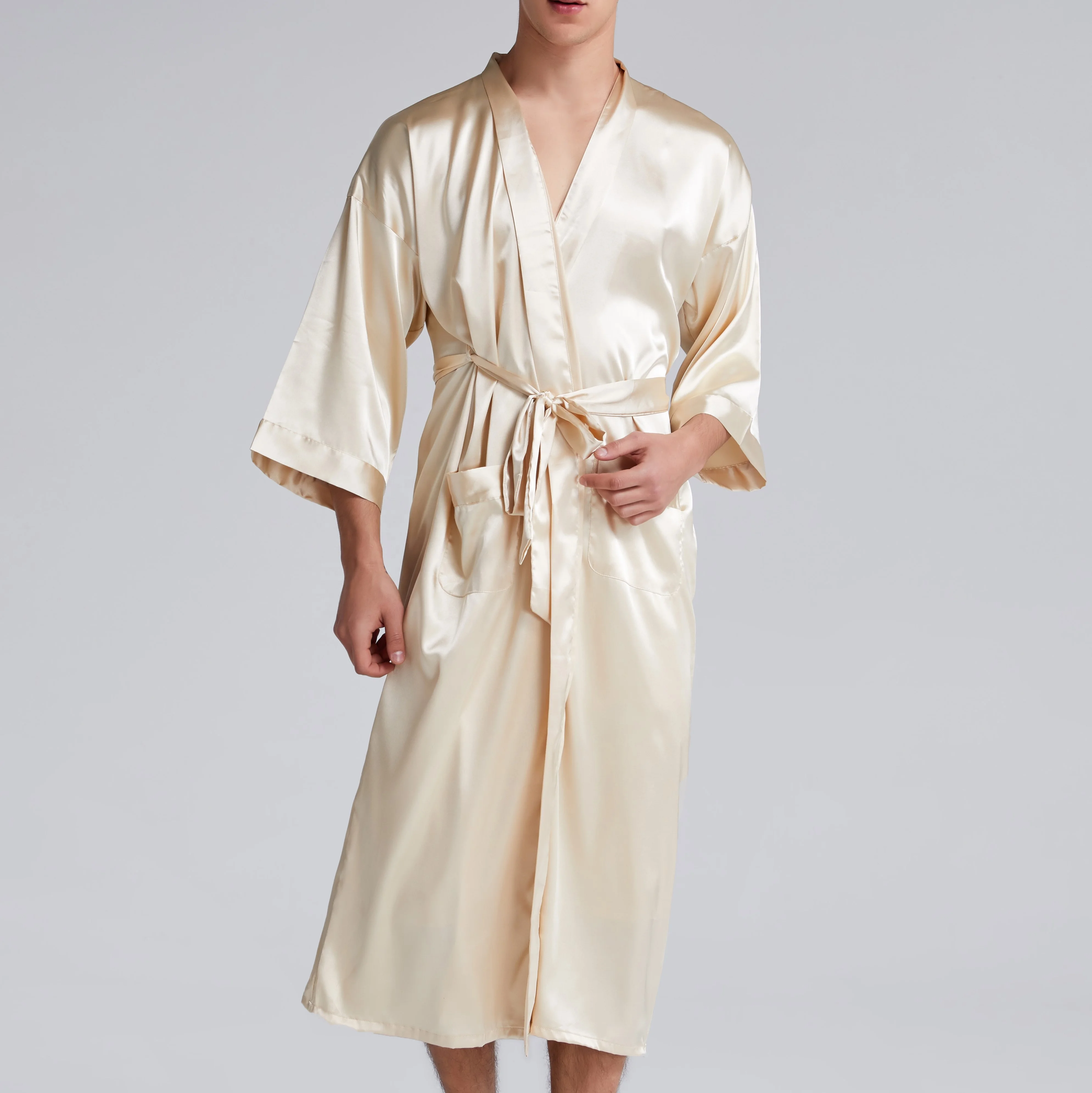 Satin Robe Men Robe with Pants Satin Silk Robe Set Polyester + Spandex Muti Colors Long Robe Bathrobe