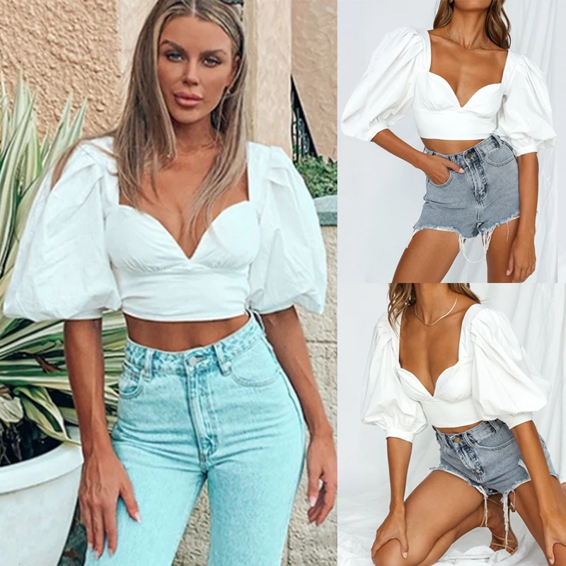 Design Puff Sleeve Top Waist Low-Cut Sexy Shirt With Clavicle White