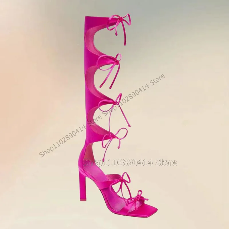 Женские босоножки на высоком каблуке розово-Красные с бантиком и ремешком