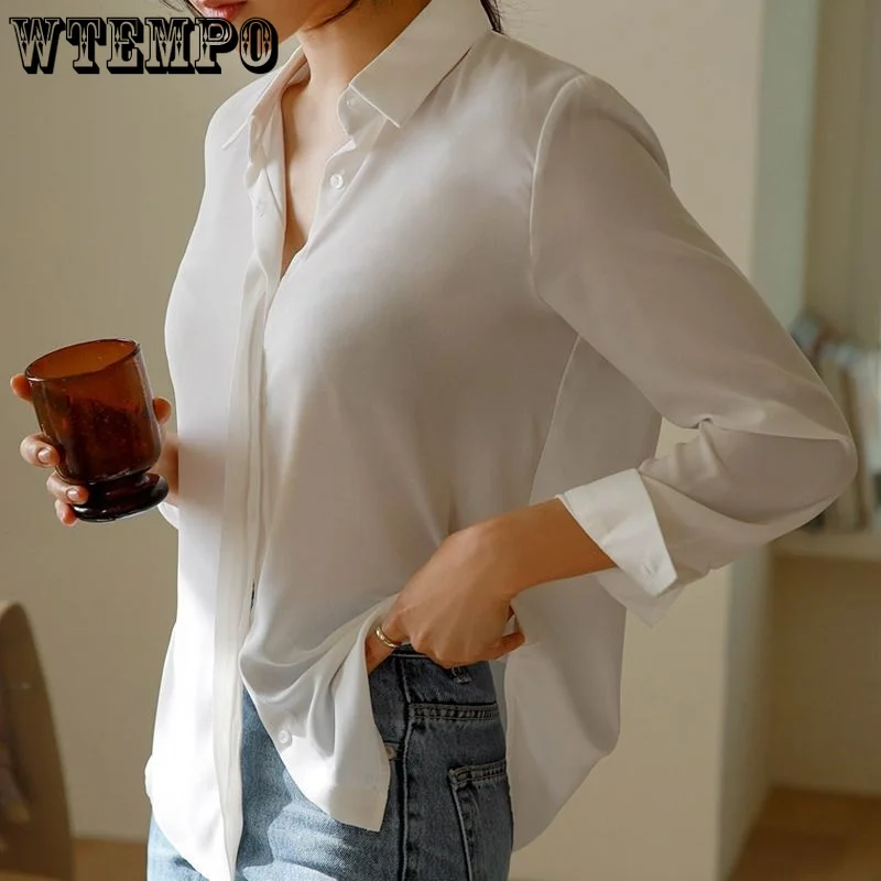 

WTEMPO White Chiffon Shirt Women's Spring Autumn Long Sleeve Versatile Sunscreen Breathable Top Solid Color Lightweight Blouse