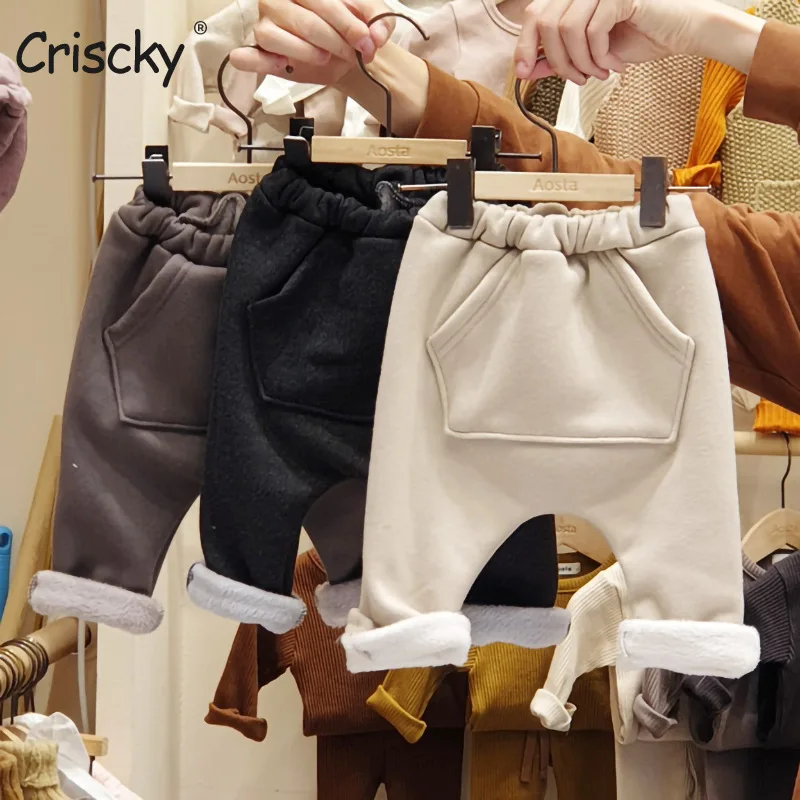 

Criscky Children's Pants Winter Boys Fleece Pants Solid Color Warm Pants Girls Baby Thickening Leggings Children's Clothing