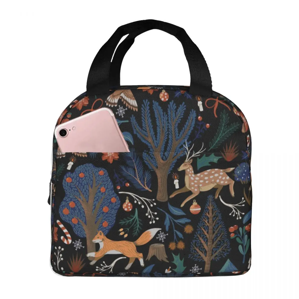 

Trees Deer Foxes Christmas Lunch Bag Waterproof Insulated Canvas Cooler Bags Thermal School Lunch Box for Women Kids