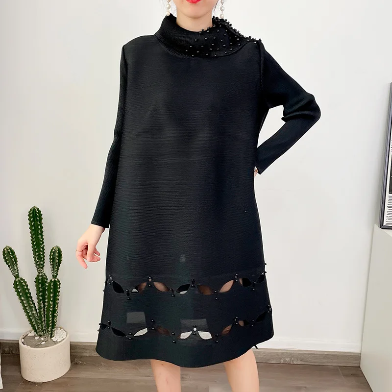 

SuperAen 2023 New Fold Lapel Dress Solid A-line Loose Fashion Women Dress Casual Solid Color Vintage Dress