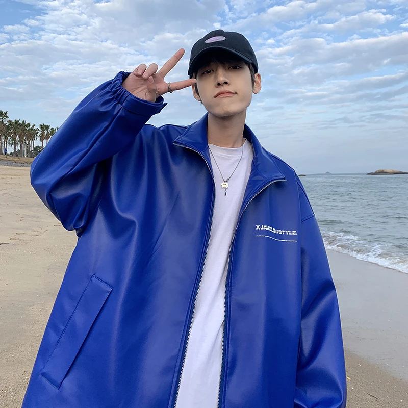 

New Arrival Pure Simple Solid Motorcycle Jacket Women Varsity Oversize PU Leather Coat Unisex Men Baseball Bomber Couple Street