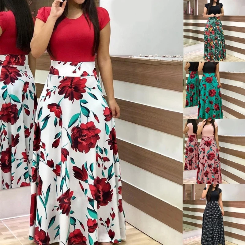 

F42F Women Short Sleeve Floral Maxi Dresses Crew Neck Dress Patchwork Long Dress