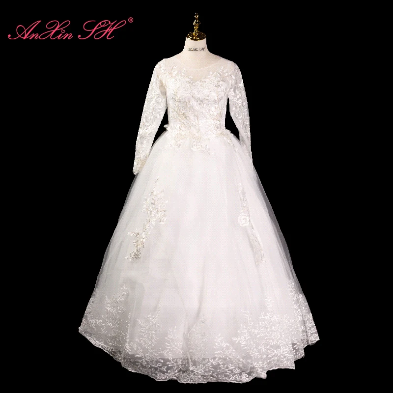 

Белое Кружевное бальное платье AnXin SH принцессы с цветком шампанского и розы, с круглым вырезом и длинным рукавом, иллюзия, на шнуровке, простое свадебное платье для невесты