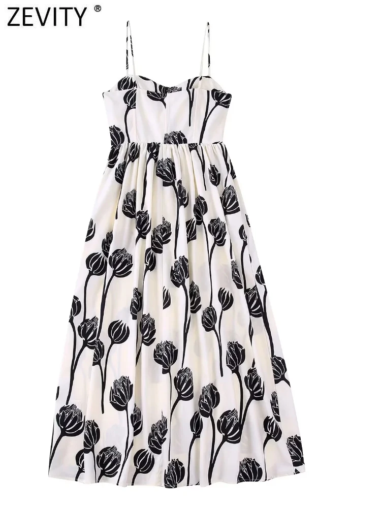 

Zevity женское модное летнее платье средней длины с цветочным принтом и складками на тонких бретелях, женское шикарное летнее платье на молнии, модель DS2089