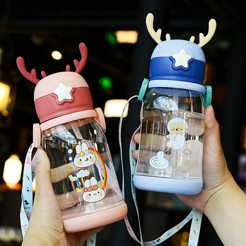 

600ml Kids Water Bottle Cup Cartoon Baby Feeding Cups with Straws Leakproof Water Bottles Outdoor Portable Children's Cups