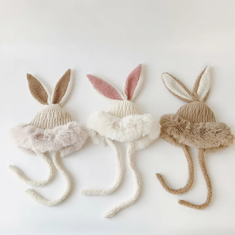 

1 Pc Winter Warm Hat for Baby Boy Girl New Korean Fashion Rabbit Ear Cap Thicken Plush Protective Ear Hat for 2-8 Year Children