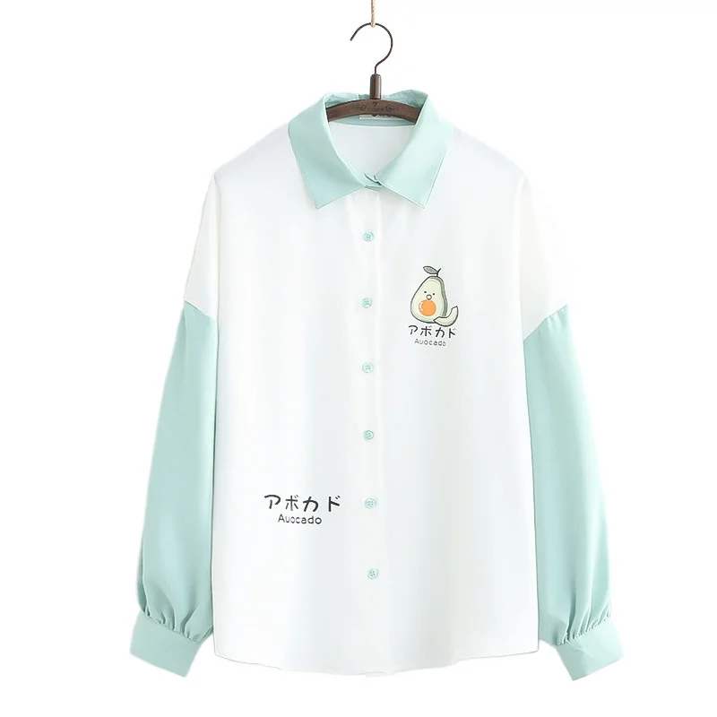 

Милая женская блузка с графическим принтом авокадо, осенняя зеленая рубашка с длинным рукавом и отложным воротником, милые рубашки в Корейс...