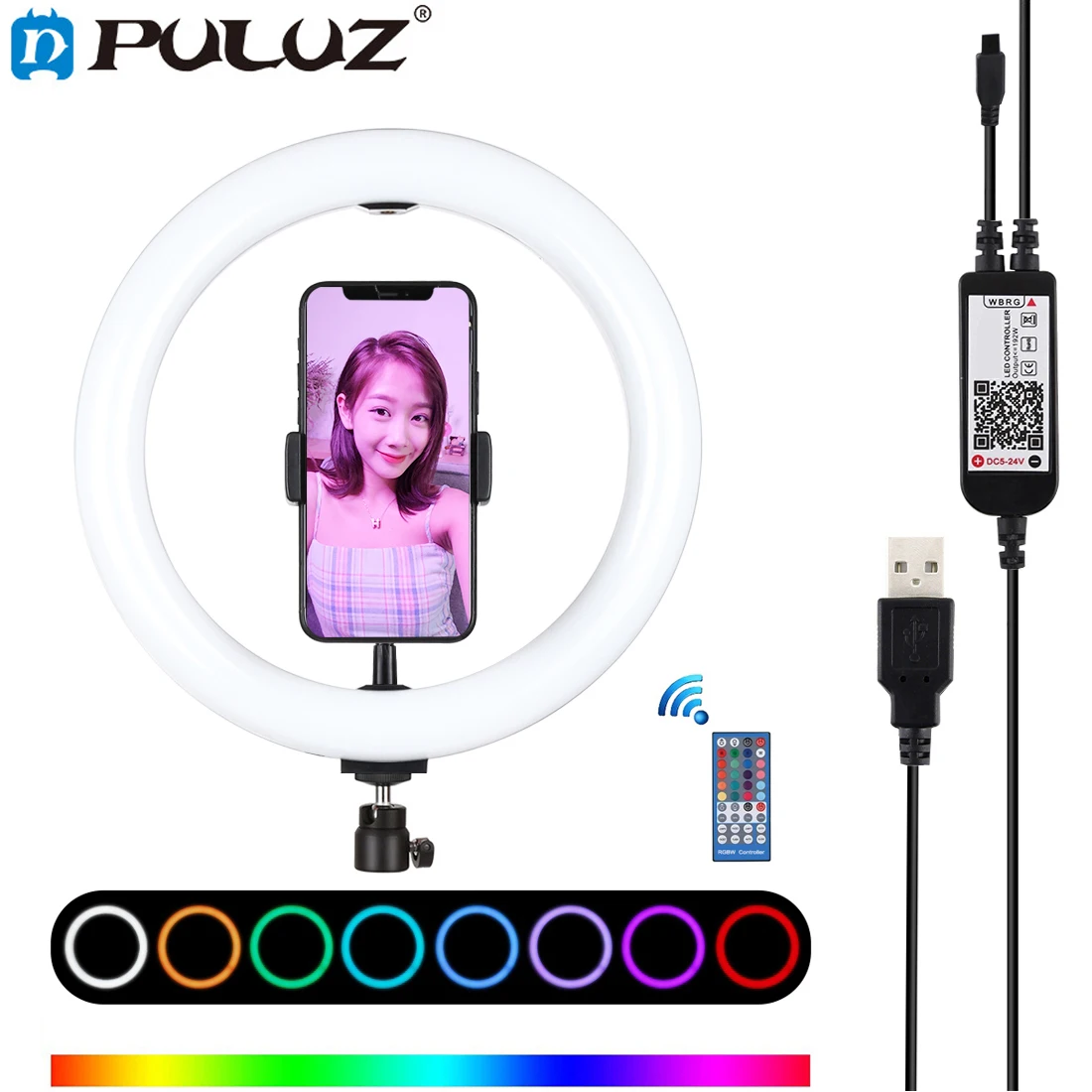 

PULUZ 10.2 inch 26cm USB RGBW Dimmable LED Ring Light Youtube Vlogging Photography Video Lights &Phone Clamp & Remote Control