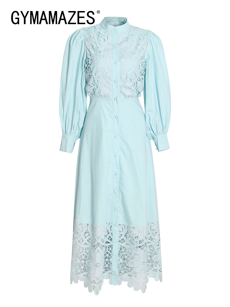 

GYMAMAZES Elegant Solid Hollow Out Dress For Women Stand Collar Puff Sleeve High Waist Patchwork Lace Midi Dresses Female Style
