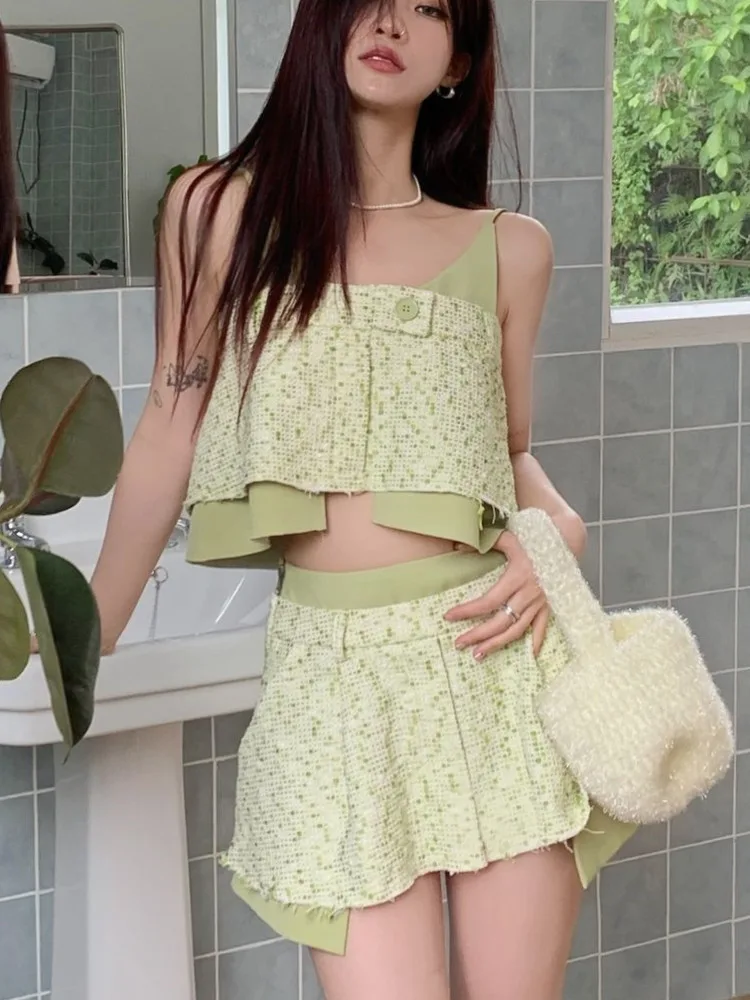 

Small Fragrance Two Piece Set Women Sexy Sling Vest Crop Top + Skirt Suits Fashion High Street Summer 2 Piece Sets Women Outfits