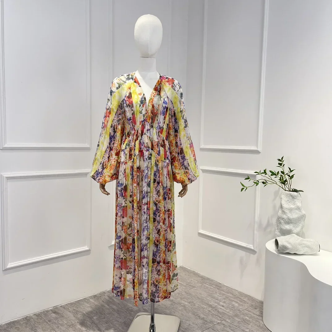 

2023 New High Quality Spring Summer Vintage Multi-color Floral Printing Long Lantern Sleeve Frill Pullover Woman Midi Dress