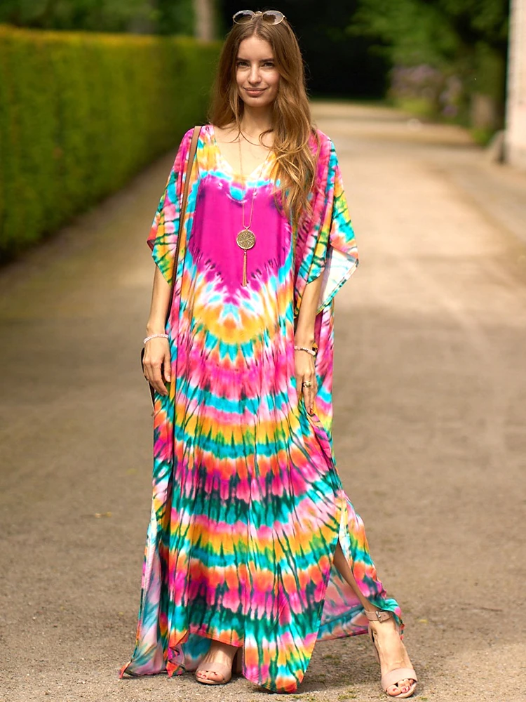 

Fitshinling Tie Dye Kaftan Beach Long Dress Bohemian Print Vintage Outfits For Women 2023 Summer Holiday Cover-Ups Swimwear New