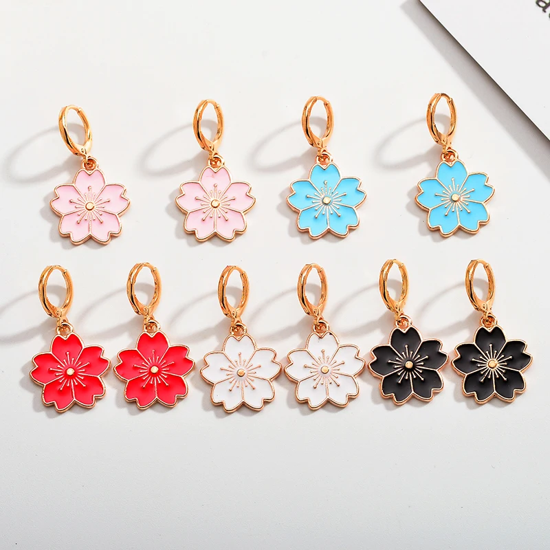 

2 Pairs 18*35MM Enamel Drop Oil Cherry Blossom Hoop Earrings 2022 Mother's Day Gifts Wholesale Long Earrings For Elegant Party