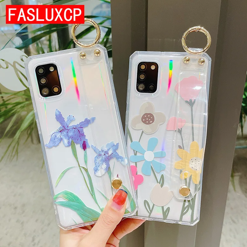 

Pretty Flower Wristband Phone Holder Case for iPhone 13 12 Pro Max 11 SE 3 2 X XR XS 7 Plus 8 Soft Silicone Transparent Cover
