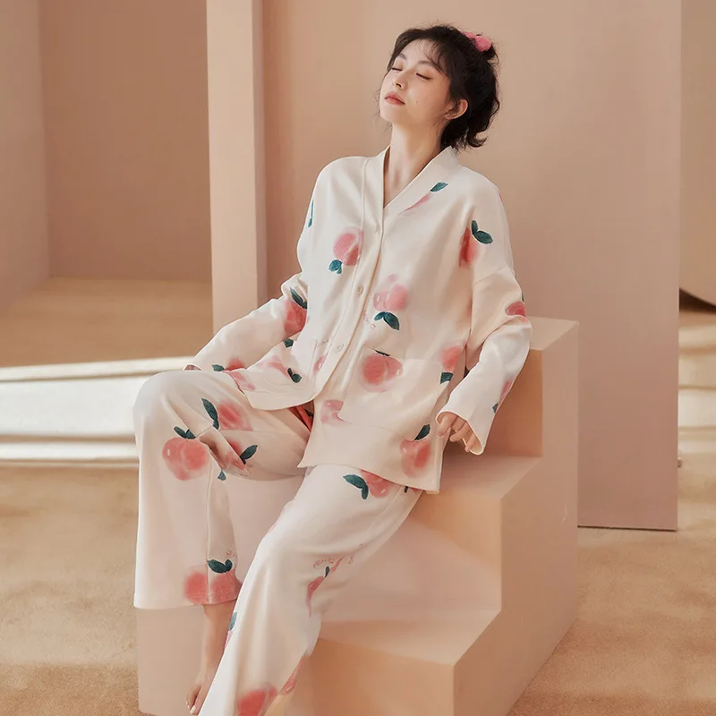 Spring Women Temperament Pajama Sets Long Sleeve peach print Tops Ankle Length Pants Cozy Loose Sleepwear Fashion Lounge Popular