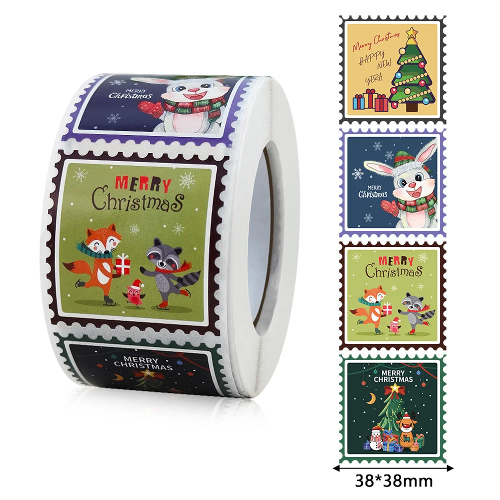 

500Pcs Merry Christmas Square Stickers 3.8cm Holiday Adhesive Labels for Cards Present Envelopes Seal Box Bag Gift Package