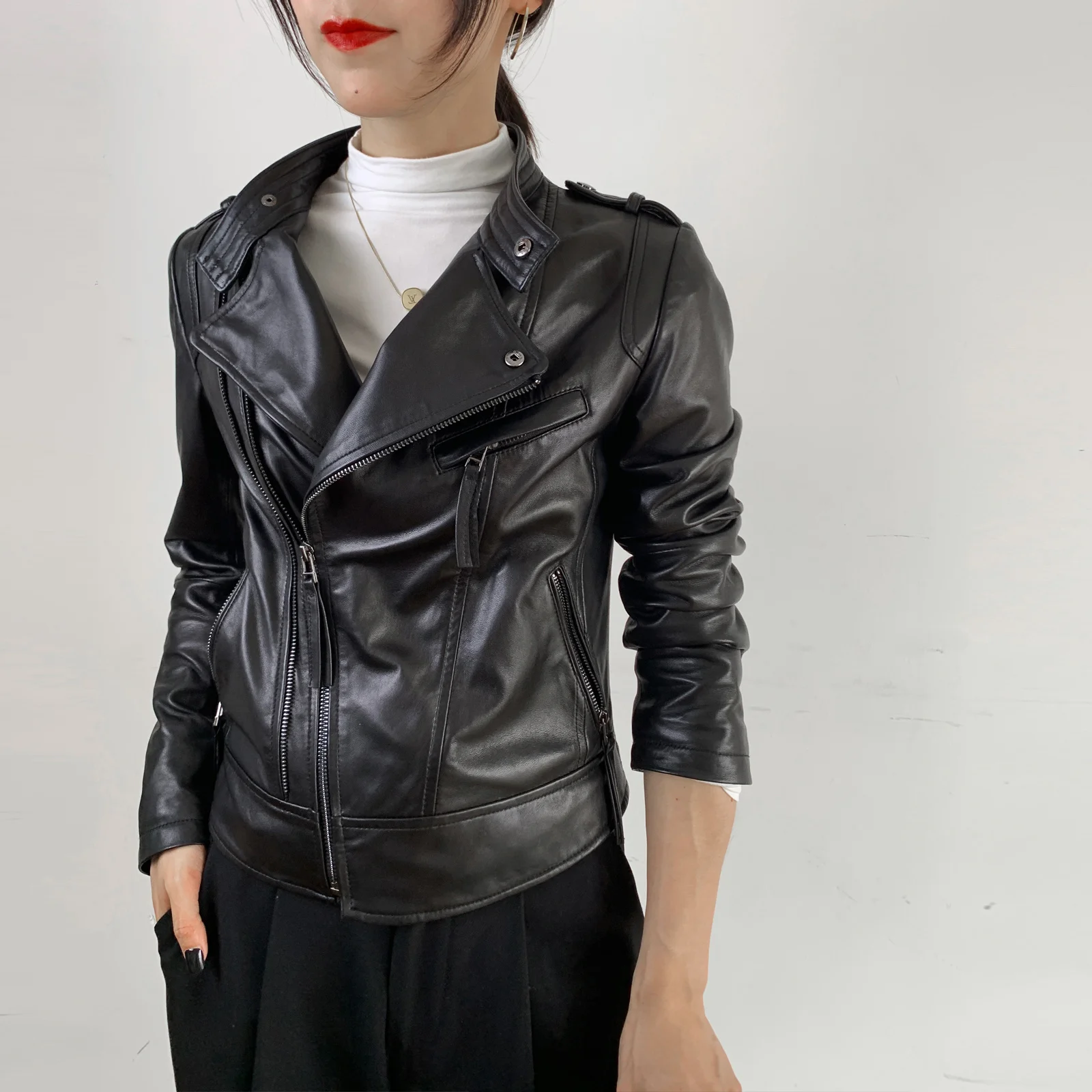 

Женская мотоциклетная куртка из натуральной овечьей кожи, демисезонные пальто и куртки для женщин, Chaqueta De Cuero Mujer zm 2023