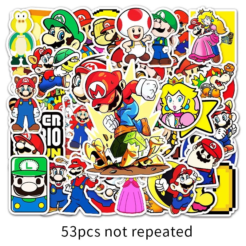 

50/53pcs Super Mario Bros Kawaii Stickers Games Anime Figures Toys Luigi Peach Princess Computer Guitar Doodle Sticker Kids Gift