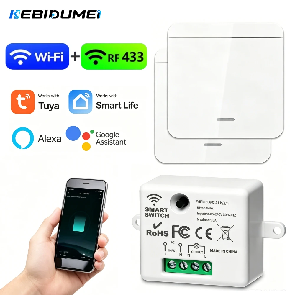 Фото Умный настенный выключатель KEBIDUMEI Tuya Smart Home WiFi RF433 МГц, 110В/220В, 10А, мини-модуль, совместим с Alexa и Google Home №1