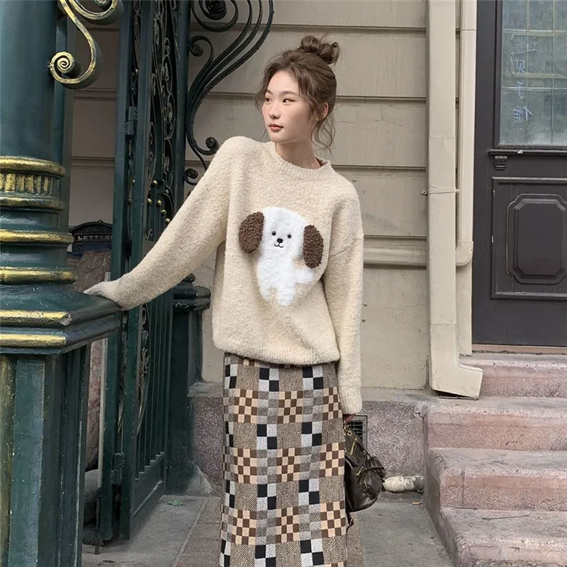 

Autumn and Winter Sweater Women's Clothing Jacquard Dog Cartoon Pattern Crew-neck Pullover Knitted Top Loose Fashion ZM283