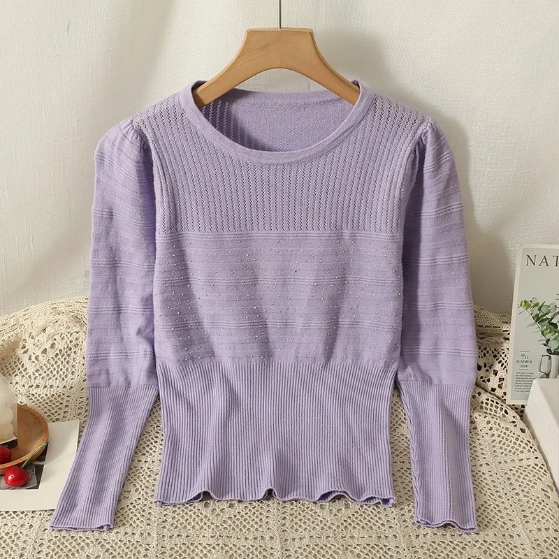 

Autumn and Winter Knitted Underlay Sweater Women's French Style Unique Bubble Sleeve Hot Diamond Round Neck Slim and Versatile