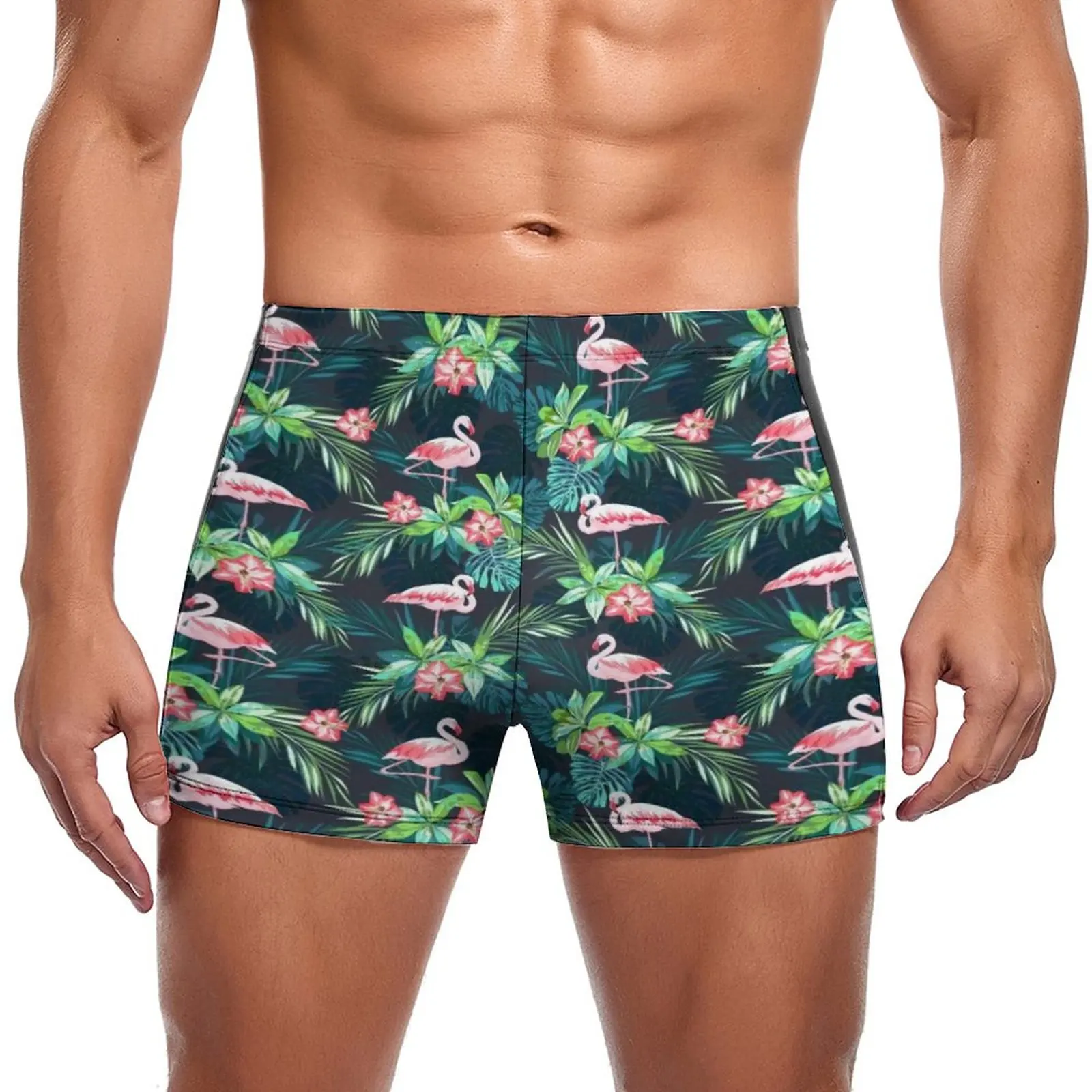 

Tropical Palm Leaves Design Swimming Trunks Bright Flamingos Elastic Custom Swim Boxers Plus Size Training Man Swimwear