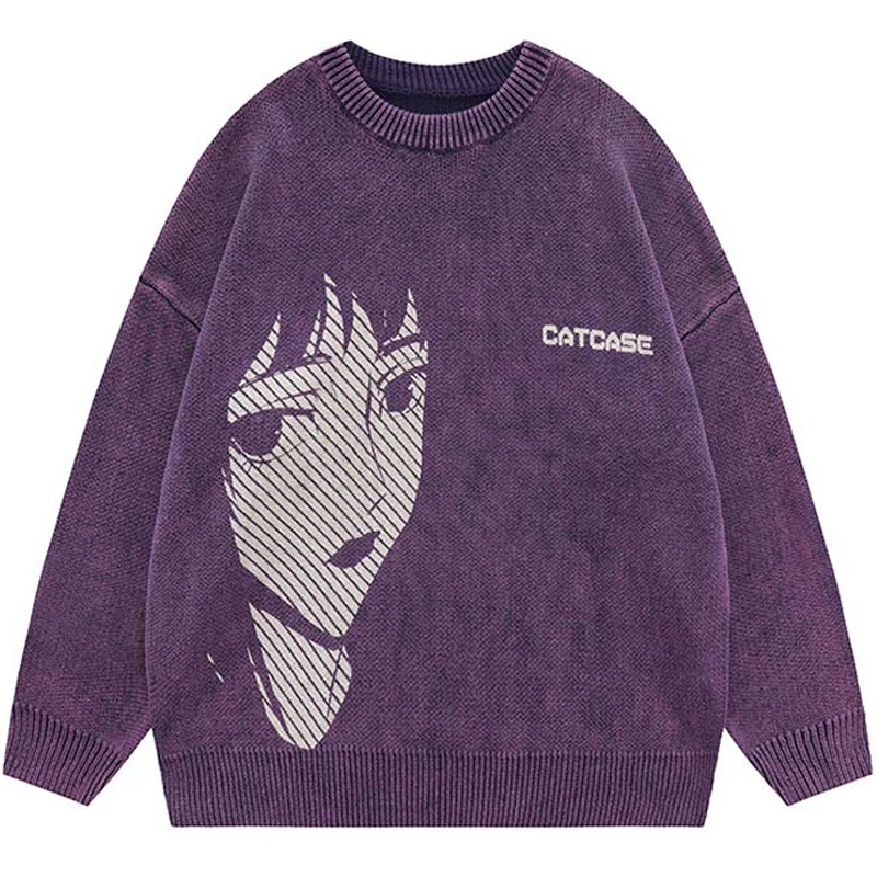 

Japanese Harajuku Cartoon Sweaters Men Crewneck Letter Knitted Pullover Fashion Loose Solid Unisex Jumpers Streetwear Autumn