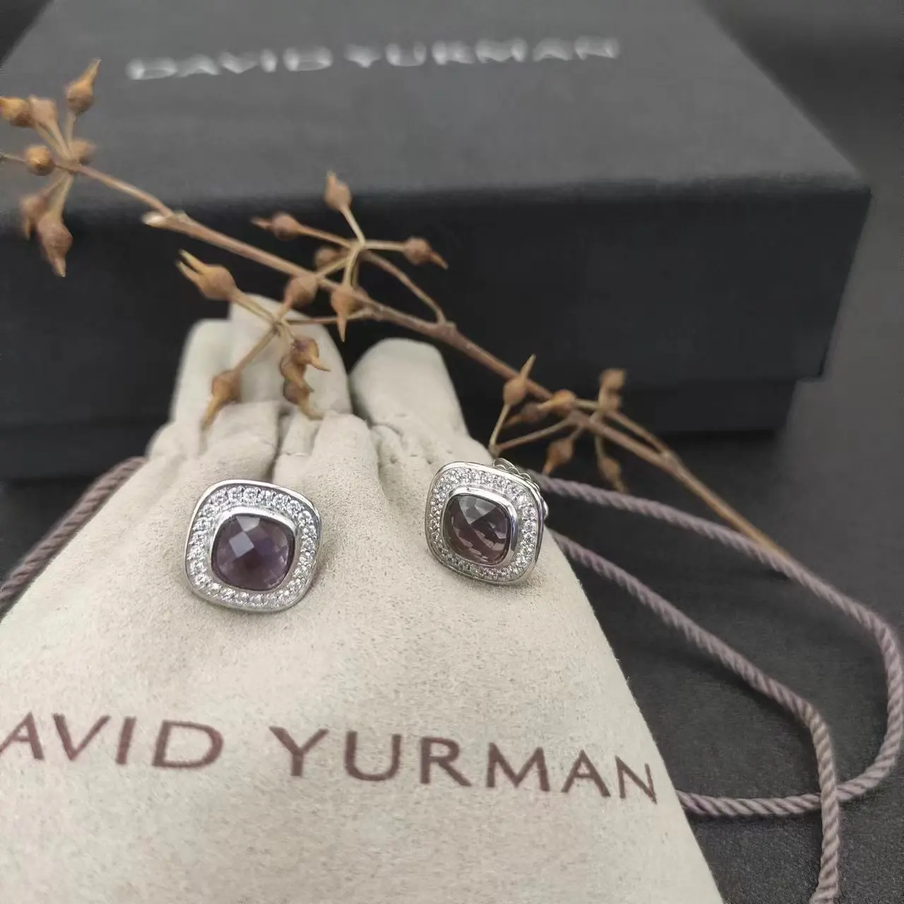 DY David Yurman Cable Classics Tetragonal Stone Earrings in Sterling Silver With Amethyst and Pave Diamonds Jewelers
